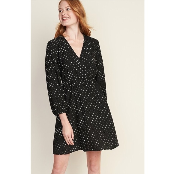 Old Navy Black Polka Dot Waist-Defined Wrap Dress Size M V-Neck Long Sleeve - Picture 1 of 10
